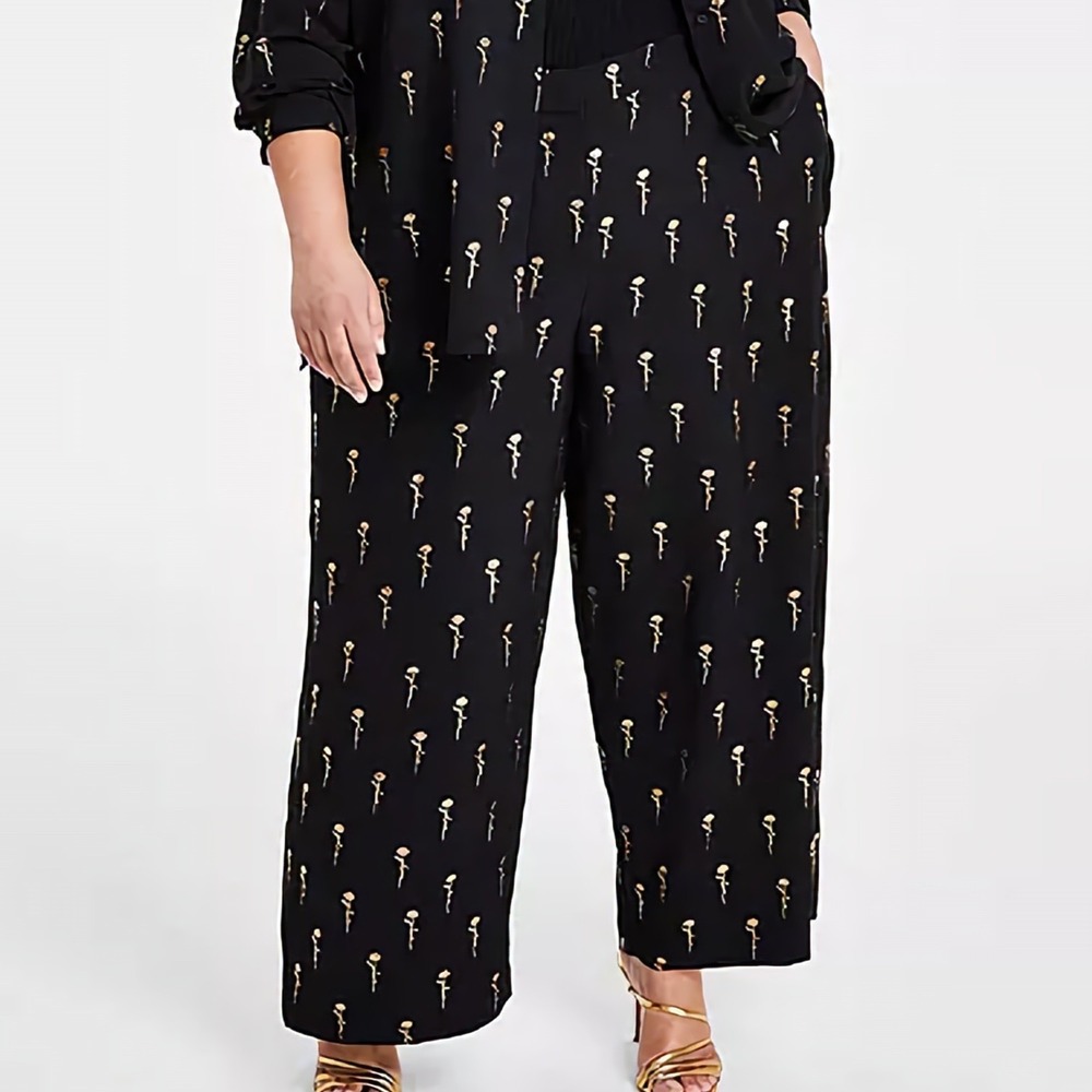 Nina Parker Metallic Script Print Rose Black Gold Wide Leg Pants Womens 3X‎ NWT